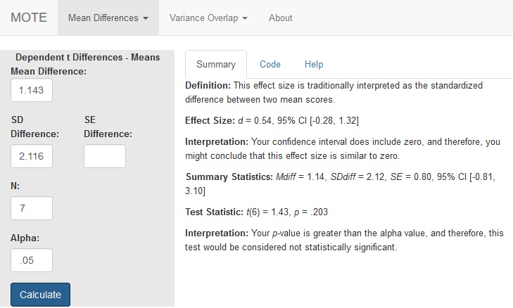 Dependent t Differences - Means Screenshot