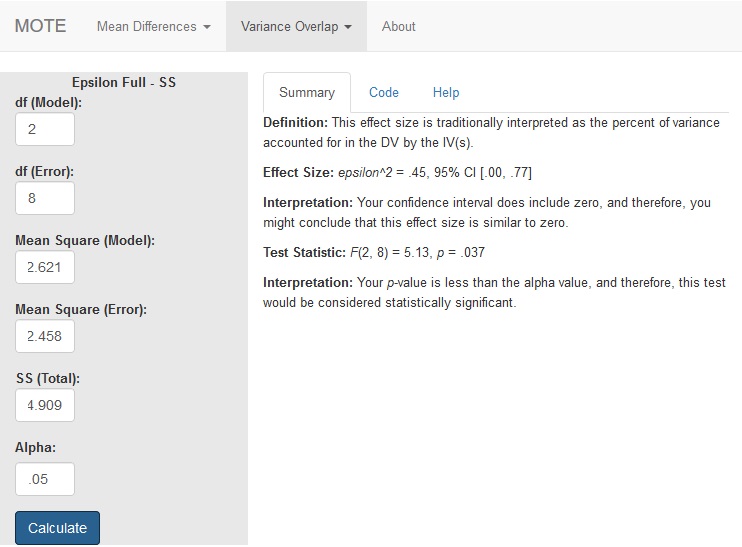 Epsilon for ANOVA Screenshot