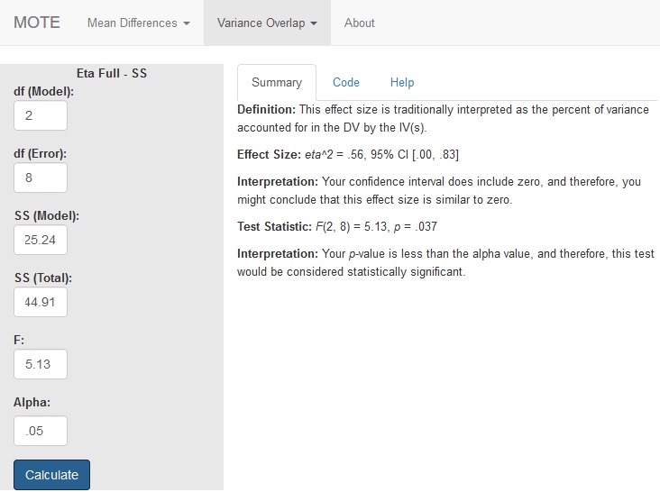 Eta for ANOVA from F and Sum of Squares Screenshot