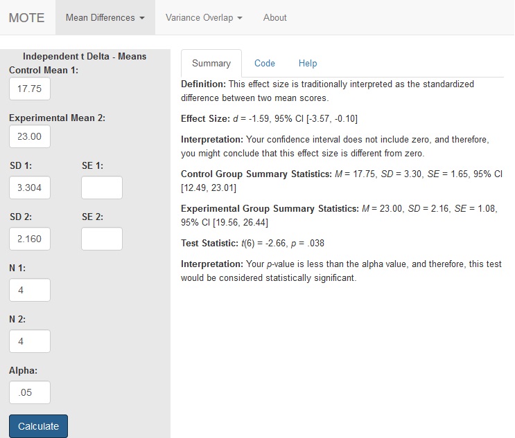 Independent t Delta - Means Screenshot