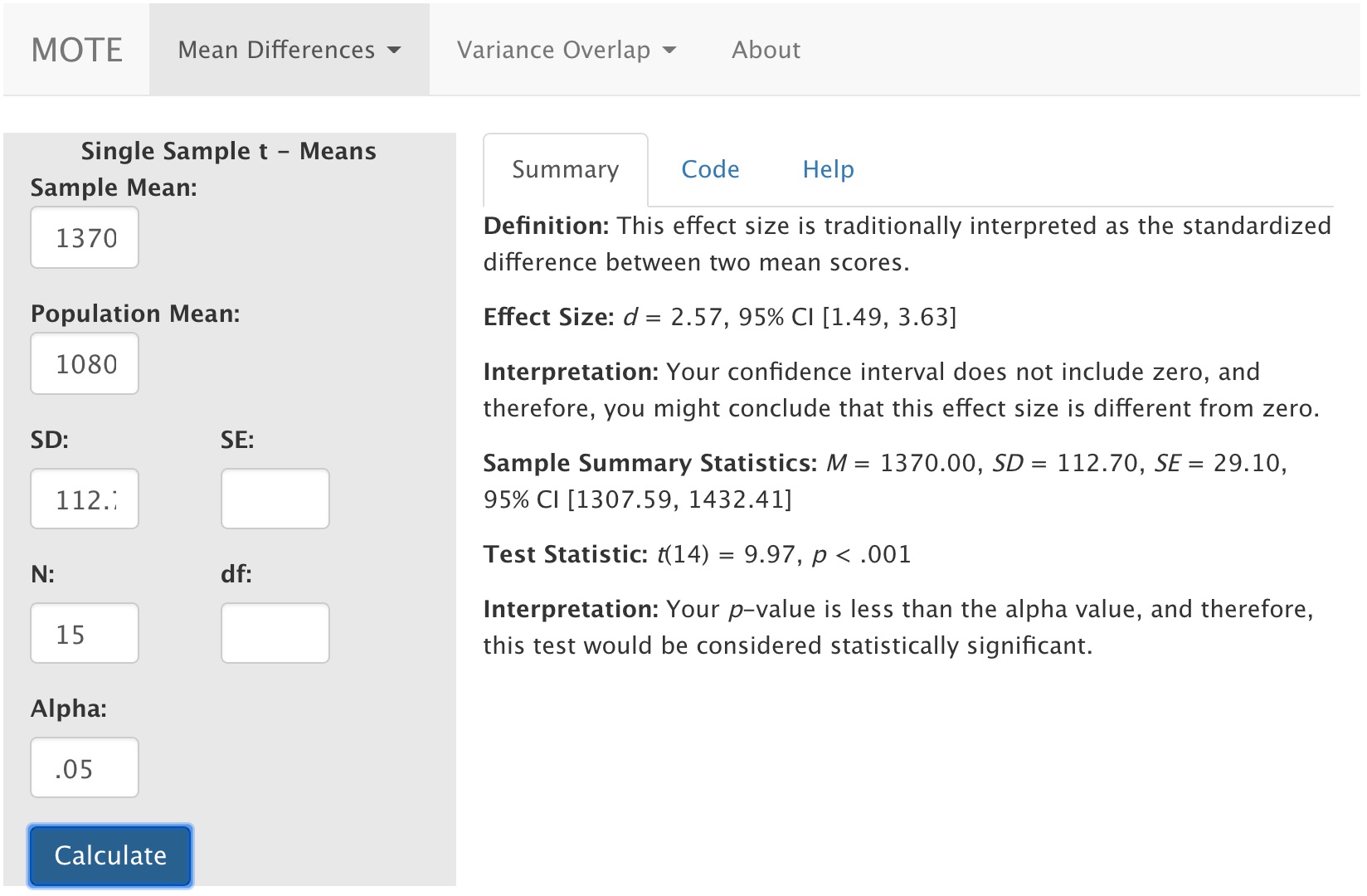 Single-Sample t - Means Screenshot